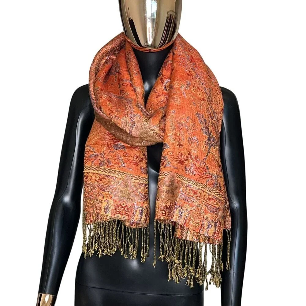 Rust Orange Pashmina Silk Blend Oversized Scarf Wrap Shawl